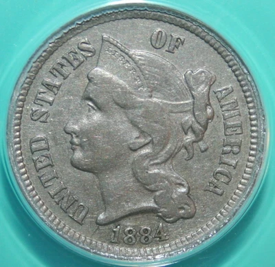 Tres centavos de níquel Business Strike 1884 - ANACS VF 35 - 3CN Foto 1 de 4