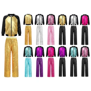 Kids Girls Outfit Breathable Dancewear Sequined Tracksuits Metallic Costume Set - Picture 1 of 133