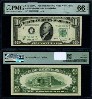 FR. 2013 B $10 1950-C Federal Reserve Note New York B-H Block Gem PMG CU66 EPQ - Image 1 of 3