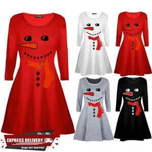 Kids Children Xmas Christmas Snowman Costume Print Girls Carrot Nose Swing Dress - Picture 1 of 18