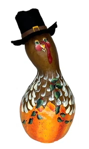 Hand Painted Turkey Gourd Pilgrim Decor 11" Artist Signed Joleen - Picture 1 of 8