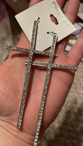 Fresh Crystal Collection Silver Tone & Crystals with Cross Earrings 5 Inches - Picture 1 of 3