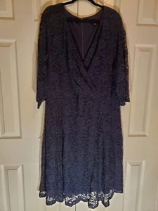 Tiana B Navy Blue Lace 3/4 Sleeve Faux Wrap Top Dress Lined Size 26W Midi - Picture 1 of 7