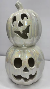 Neu 12" irisierende weiße Perle Keramik gestapelt Jack O Laterne Kürbis Tischplatte - Bild 1 von 7