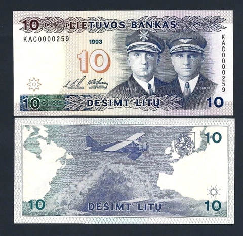 Lithuania 10 LITU P-56 1993 Very Low Serial # UNC World Currency Lithuanian NOTE Cover