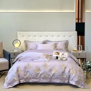 Bedding Set 4pcs Silk Cotton Embroidery Flower Duvet Cover Flat Sheet Pillowcase - Picture 1 of 72