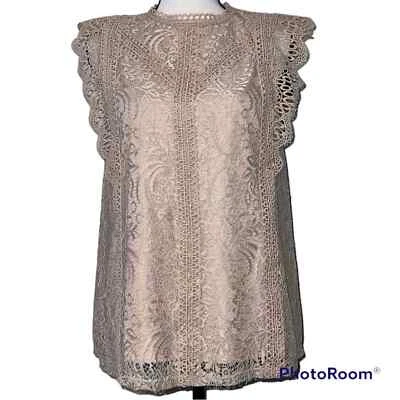 Cable & Gauge Grande Mujer Tostado Elegante Encaje Tanque Manga Corta Botón Cuello Cierre Foto 1 de 4