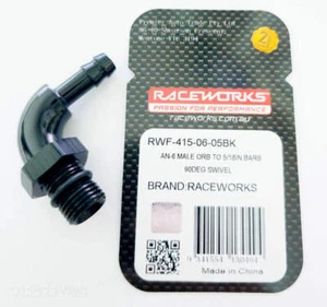Raceworks AN6 Male ORB to 5/16" Barb 90 degree swivel (8mm) - Picture 1 of 1