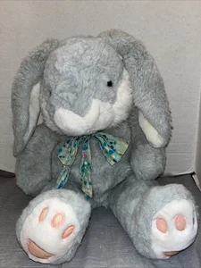 23" Vintage Gray Bunny Rabbit Wearing Polka Dot Cloth Bow Plush Stuffed Toy - Picture 1 of 7