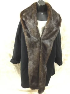 Vintage Venezia  26/28 black Wool Long Coat Faux brown Fur gangster Mob Wife - Picture 1 of 10
