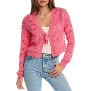 C&C California Coral Pink Open Knit Crochet Tie Front Cardigan Size Large - Picture 1 of 7