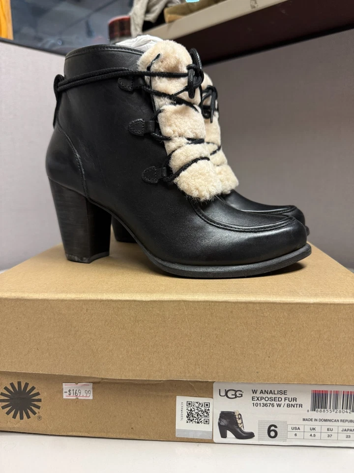 UGG Mujer Analizado Piel Expuesta Cuero Negro Bota Tacón Talla 6 Totalmente Nuevo Foto 1 de 4