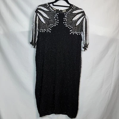 Laurence Kazar Evening Dress Size 1X Beaded Sequined Scallops Black Silk Vintage - Image 1 of 4