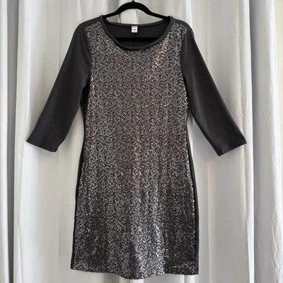 Antiguo Vestido Remoto Azul Marino Carbón Lentejuelas Manga 3/4 Metálico Fiesta de Vacaciones M Foto 1 de 4