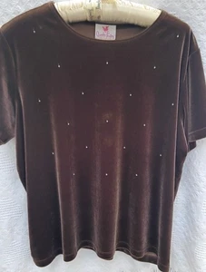 Quacker Factory Samt Kurzarm Shirt Damen 2X Braun & Strass Kristall - Bild 1 von 3