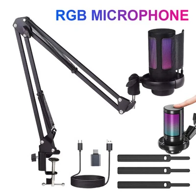 USB Microphone With RGB Lights Boom Arm 192kHz Sound Cardioid Mic For PC PS5