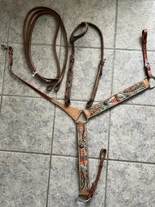 Headstall Breast Collar Reins Bridle Tooled Leather Feather Bronze Blue Concho - Picture 1 of 13