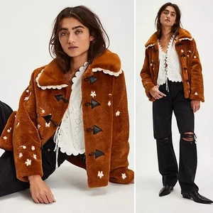 NEW Free People Tach Eloise Tan Teddy Faux Fur Embroidered Jacket NWT XL - Picture 1 of 11