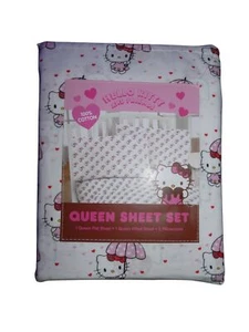 Hello Kitty Sheet Set White Queen Pink Valentines Day Hearts Cotton NWT - Picture 1 of 2