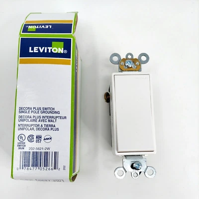 Leviton 5621-2W White Single Pole Decora Plus Switch 20A 120/277V Box of 10 - Image 1 of 4