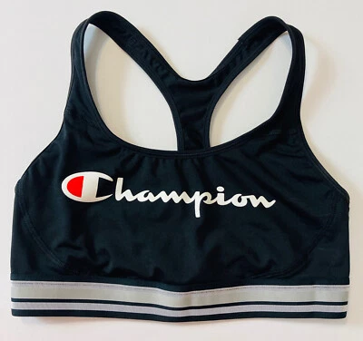 Champion Sz M Racerback Sports Bra Black 15763 Comfortable Athletic Logo Print - Image 1 of 4