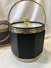 Vintage MCM Faux Black Leather Octagonal Ice Bucket w/ Gold Trim, Tongs & Box