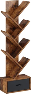 Tree Bookshelf With Drawer 7 Tier Wood Rustic Brown For Living Room and Bedroom - Picture 1 of 7