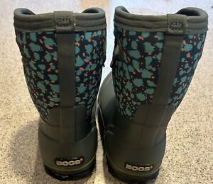 Bogs Boots Womens Size 10 Grey Turq Floral Mid Rain Snow Boot Rubber Waterproof