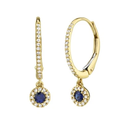 14k Oro Giallo Zaffiro Blu Diamante Orecchini Pendenti Naturale 0.38 Ctw - Immagine 1 di 4