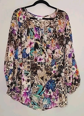 Jennifer Lopez Women 3X Floral & Leopard Print Blouse Boho Mobwife  Fairygrunge  - Image 1 of 4