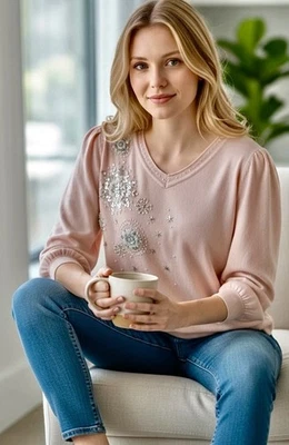 Quaker Factory XL Pink Snowflake Beaded V Neck Pullover Sweater NWOT - Image 1 of 2