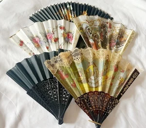 5 Vintage Spanish Lace and Paper Folding Hand Fans Floral Flamenco Souvenir MCM - Picture 1 of 24