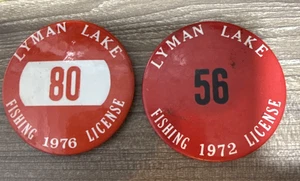 Vintage 1972 & 1976 Lyman Lake Fishing License Conservation Membership Button - Picture 1 of 7