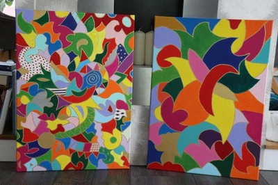 Zwei Originale Acrylgemälde – Abstrakte Farbexplosion auf Leinwand (50 x 70 cm)! - Bild 1 von 4