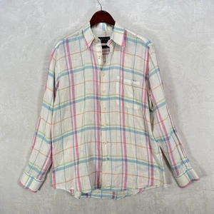 Mine Shirt Mens Medium White Pastel Plaid 100% Linen Button Front Colorful Beach - Picture 1 of 10