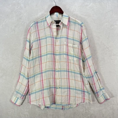 Mine Shirt Mens Medium White Pastel Plaid 100% Linen Button Front Colorful Beach - Image 1 of 4