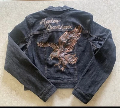 Harley Davidson Women’s Denim Jean Jacket Black Studded Rhinestone Eagle Sz: L - Image 1 of 3
