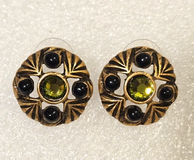 Pendientes Chico's Antiguo Tono Dorado Envejecido con Cabujón Acrílico Negro y Verde Foto 1 de 4