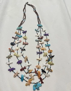 Vntg 3 Strand Zuni 52 Multi-Gemstone Fetish Necklace 28"Turqoise Bear Center - Picture 1 of 15
