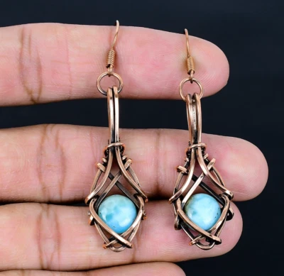 Larimar Handmade Gemstones Copper Wire Wrapped Wonderful Earrings Jewelry - Image 1 of 4