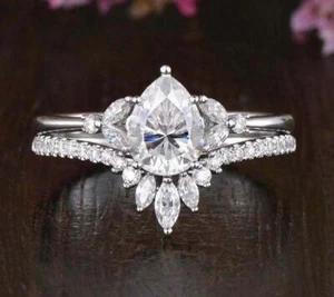 2.37Ct White Pear Lab Created Diamond Engagement Bridal Set 14k White Gold Ring - Picture 1 of 6