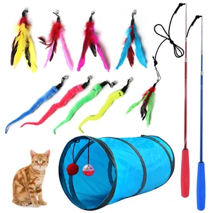 12-Piece Interactive Cat Feather Toy Set with Wands & Tunnel, Multicolor - Picture 1 of 12