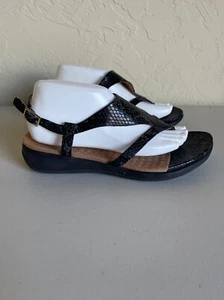 Softwalk Size 9M Black Leather Reptile Print Orthotic Sandals Toe Post Ankle Str - Picture 1 of 7