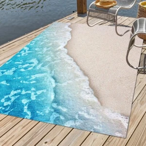 3D Ocean Beach Theme Summery Area Rug Blue Pink Foams Waves Outdoor Carpet Mat - Picture 1 of 6