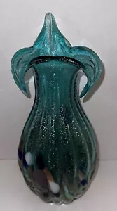 Vintage Krosno mundgeblasenes Glas Jack in Kanzel Glitzer türkis blau-grün große 13" Vase - Bild 1 von 15