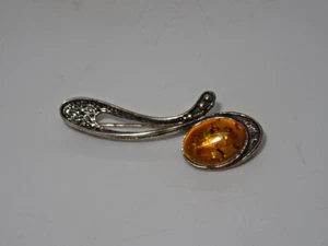Vintage Attractive 925 Sterling Silver & Amber Brooch #3 - Picture 1 of 4