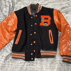 Vintage Leatherman Jacket BOYS SIZE 12 Orange And Black Letter B - Picture 1 of 14