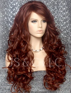 Long Human hair blend Full Wig Heat OK Dark Red auburn mix Curly bang 33-130 WBT - Picture 1 of 8