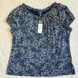 Chaps Women's Blue Paisley Short Puff Sleeve Top Size XL Boho - Picture 1 of 22