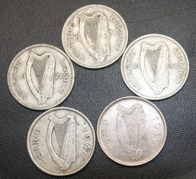 Irlanda - 5 x 1928 -1940 MEDIA CORONA IRLANDESA FINA 2/6 media corona monedas de plata (5) 69 g Foto 1 de 2